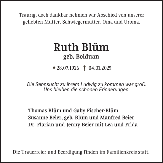 Traueranzeige von Ruth Blüm von Mannheimer Morgen