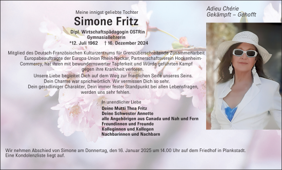 Traueranzeige von Simone Fritz von Schwetzinger Zeitung