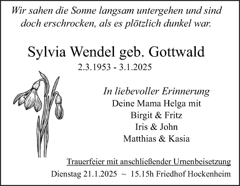  Traueranzeige für Sylvia Wendel vom 18.01.2025 aus Schwetzinger Zeitung