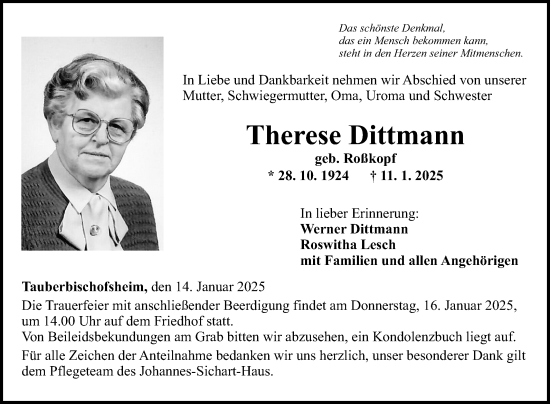 Traueranzeige von Therese Dittmann von Fränkische Nachrichten