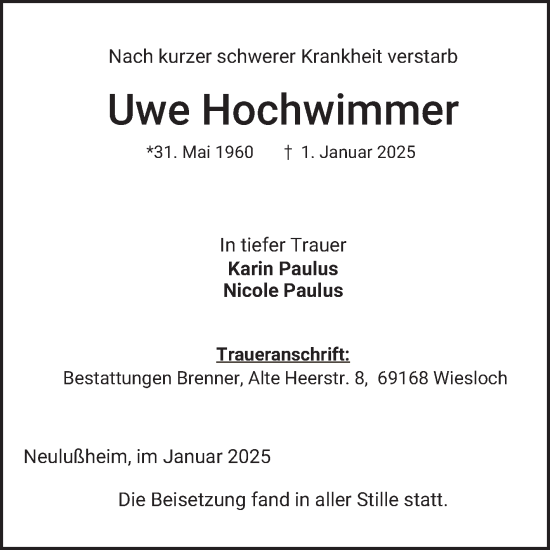 Traueranzeige von Uwe Hochwimmer von Schwetzinger Zeitung