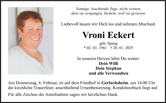 Traueranzeige von Vroni Eckert von Fränkische Nachrichten