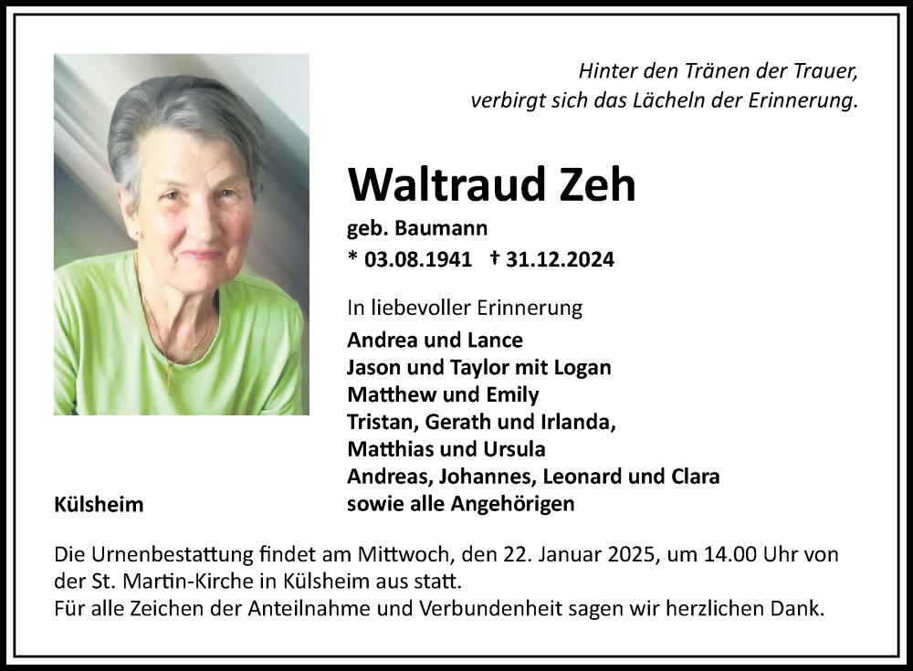 Traueranzeige für Waltraud Zeh vom 18.01.2025 aus Fränkische Nachrichten