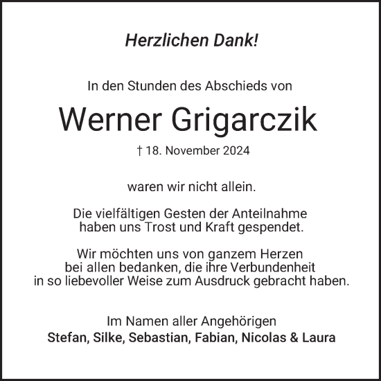 Traueranzeige von Werner Grigarczik von Mannheimer Morgen