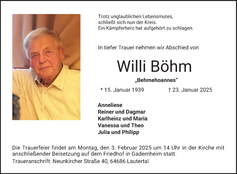  Traueranzeige für Willi Böhm vom 01.02.2025 aus Bergsträßer Anzeiger