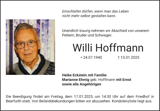 Traueranzeige von Willi Hoffmann von Bergsträßer Anzeiger