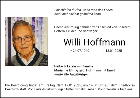 Traueranzeige von Willi Hoffmann von Bergsträßer Anzeiger