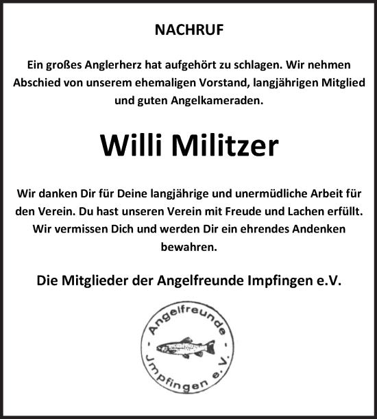 Traueranzeige von Willi Militzer von Fränkische Nachrichten