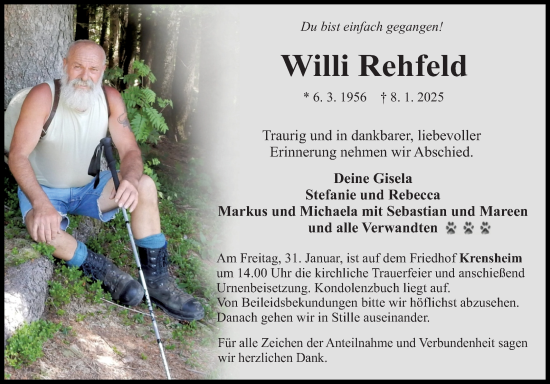 Traueranzeige von Willi Rehfeld von Fränkische Nachrichten