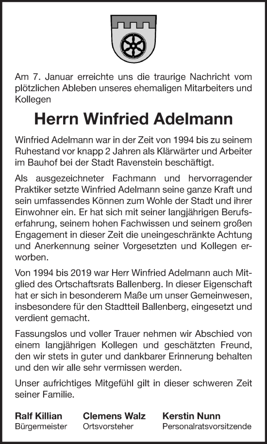 Traueranzeige von Winfried Adelmann von Fränkische Nachrichten