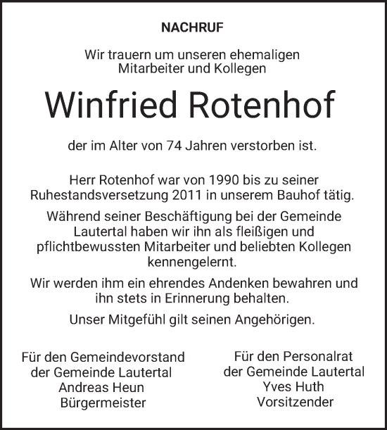 Traueranzeige von Winfried Rotenhof von Bergsträßer Anzeiger