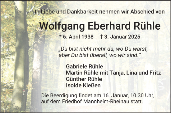 Traueranzeige von Wolfgang Eberhard Rühle von Mannheimer Morgen