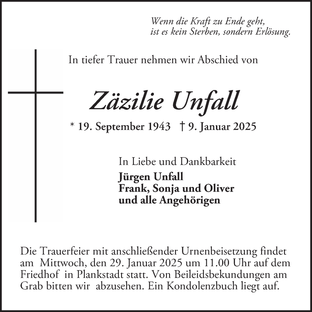  Traueranzeige für Zäzilie Unfall vom 25.01.2025 aus Schwetzinger Zeitung