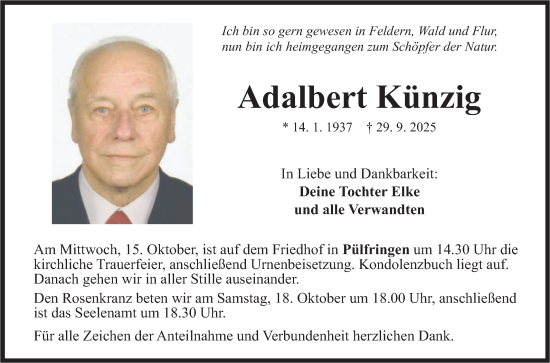 Traueranzeige von Adalbert Künzig von Fränkische Nachrichten