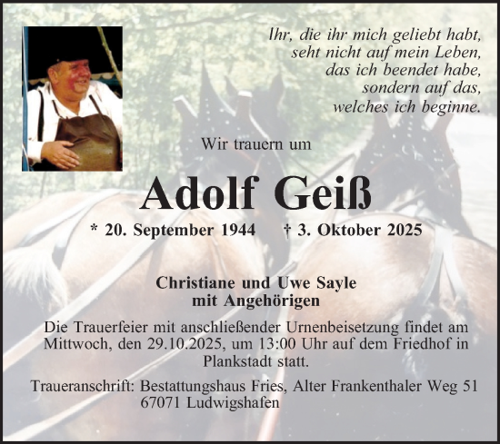 Traueranzeige von Adolf Geiß von Schwetzinger Zeitung