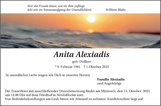 Traueranzeige von Anita Alexiadis von Schwetzinger Zeitung