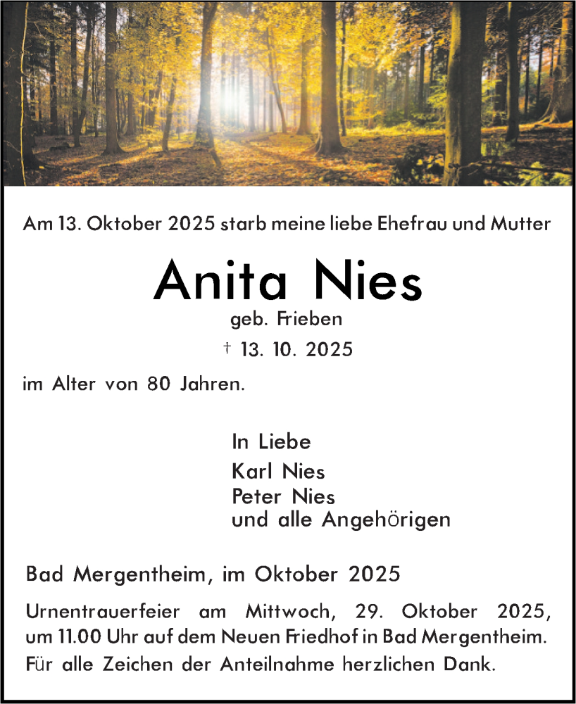  Traueranzeige für Anita Nies vom 24.10.2025 aus Fränkische Nachrichten