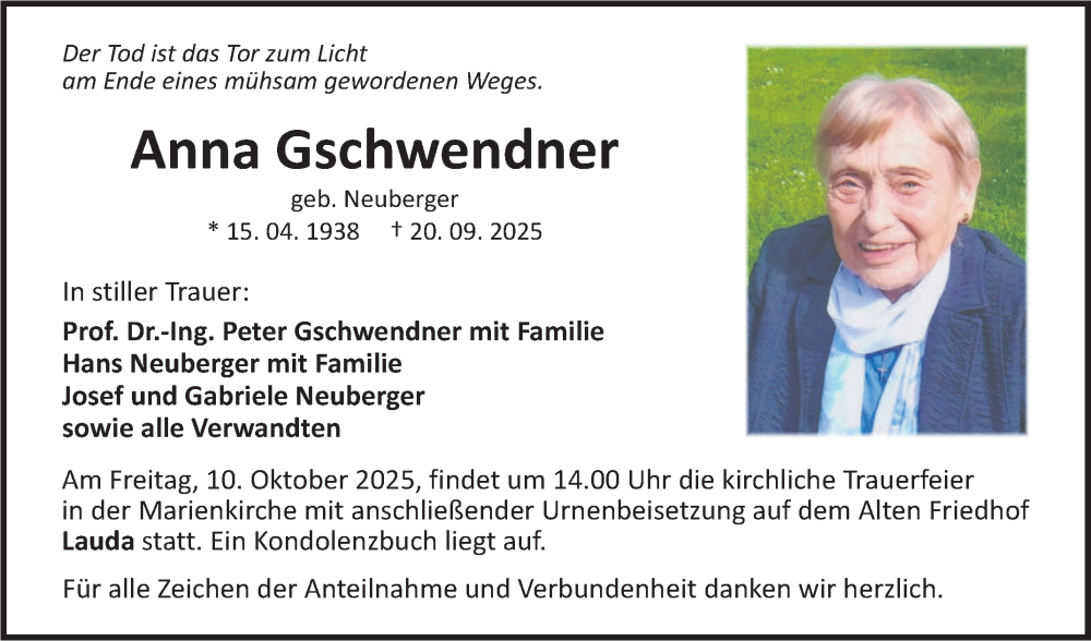  Traueranzeige für Anna Gschwendner vom 04.10.2025 aus Fränkische Nachrichten