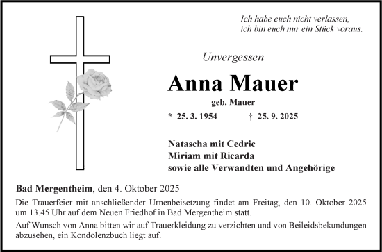 Traueranzeige von Anna Mauer von Fränkische Nachrichten