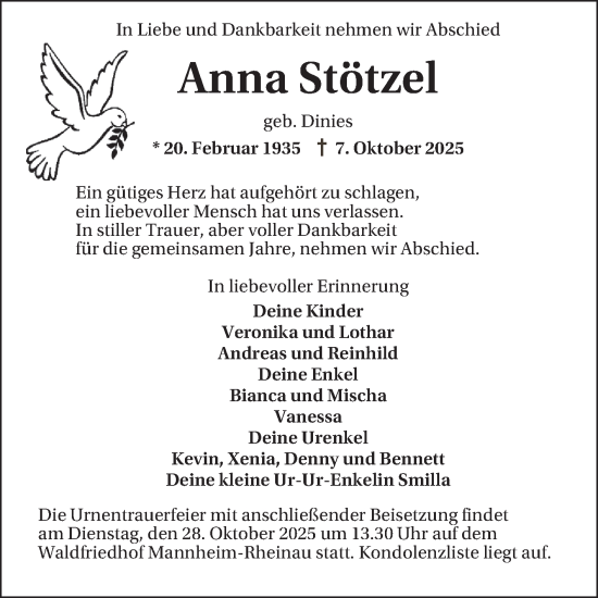 Traueranzeige von Anna Stötzel von Mannheimer Morgen