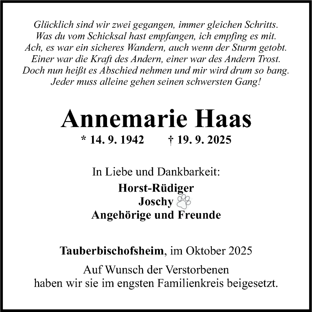  Traueranzeige für Annemarie Haas vom 18.10.2025 aus Fränkische Nachrichten