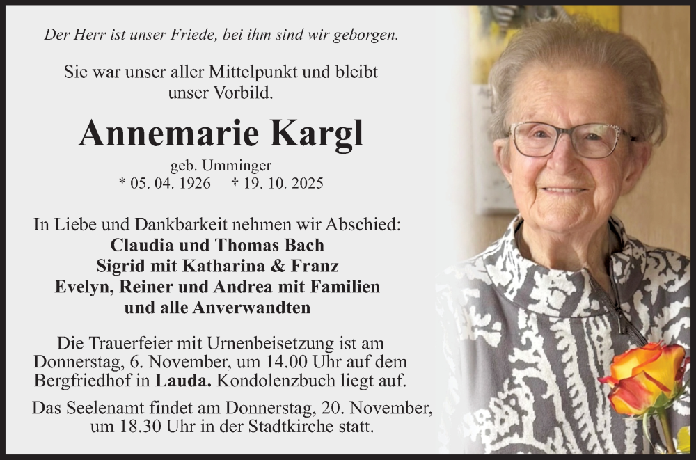  Traueranzeige für Annemarie Kargl vom 31.10.2025 aus Fränkische Nachrichten