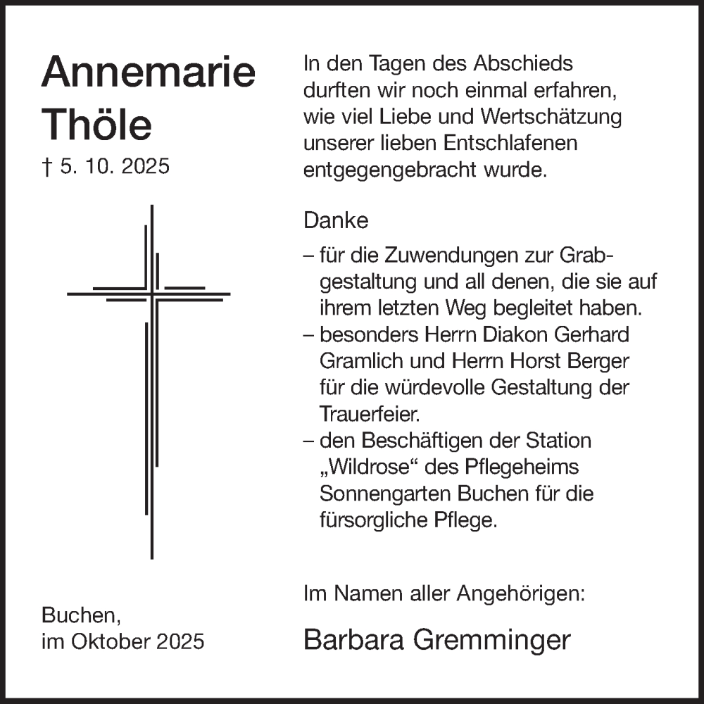  Traueranzeige für Annemarie Thöle vom 31.10.2025 aus Fränkische Nachrichten