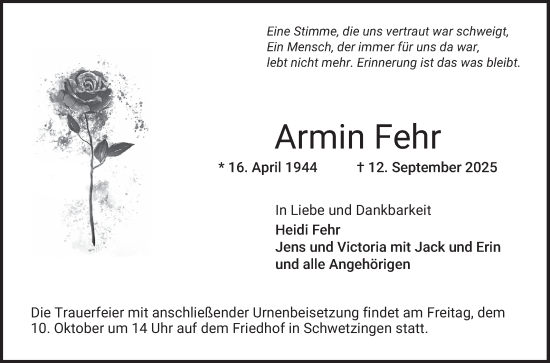 Traueranzeige von Armin Fehr von Schwetzinger Zeitung