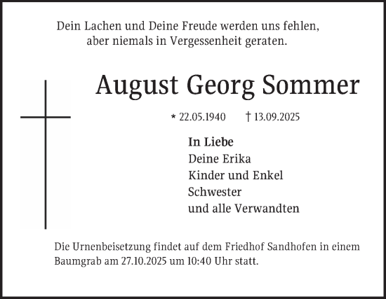 Traueranzeige von August Georg Sommer von Mannheimer Morgen