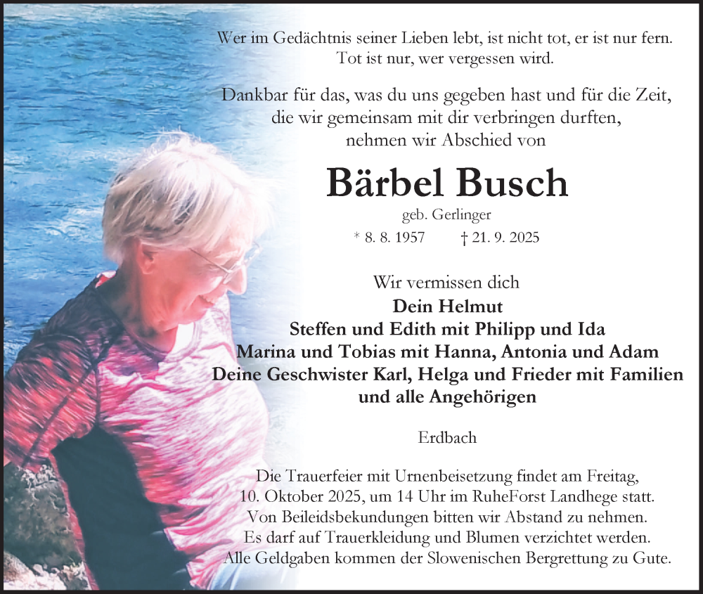  Traueranzeige für Bärbel Busch vom 09.10.2025 aus Fränkische Nachrichten