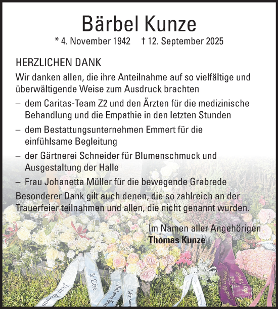 Traueranzeige von Bärbel Kunze von Fränkische Nachrichten