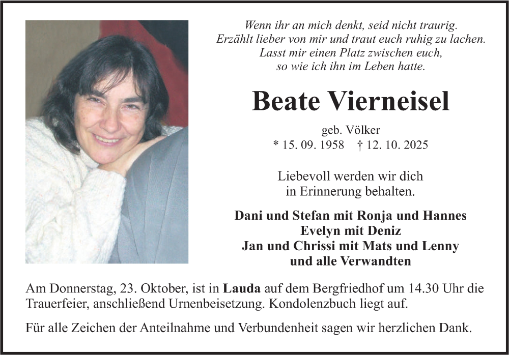  Traueranzeige für Beate Vierneisel vom 17.10.2025 aus Fränkische Nachrichten