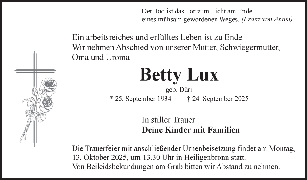  Traueranzeige für Betty Lux vom 09.10.2025 aus Fränkische Nachrichten
