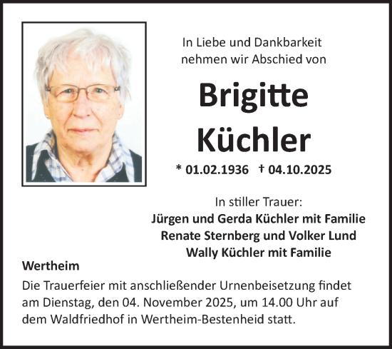 Traueranzeige von Brigitte Küchler von Fränkische Nachrichten