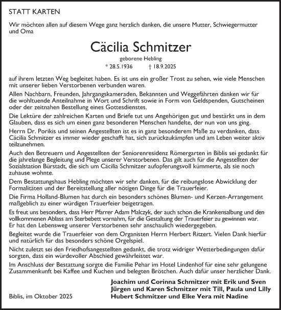 Traueranzeige von Cäcilia Schmitzer von Mannheimer Morgen