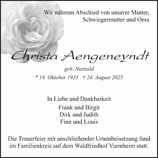 Traueranzeige von Christa Aengeneyndt von Mannheimer Morgen