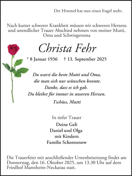 Traueranzeige von Christa Fehr von Mannheimer Morgen