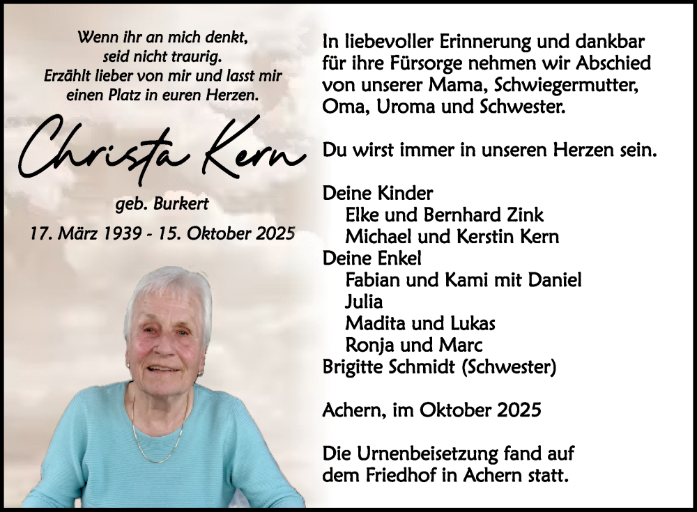  Traueranzeige für Christa Kern vom 31.10.2025 aus Fränkische Nachrichten