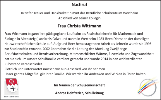 Traueranzeige von Christa Wittmann von Fränkische Nachrichten