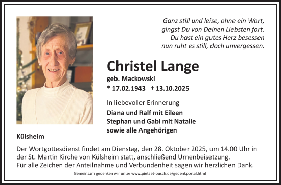 Traueranzeige von Christel Lange von Fränkische Nachrichten