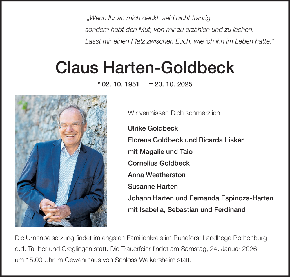  Traueranzeige für Claus Harten-Goldbeck vom 31.10.2025 aus Fränkische Nachrichten