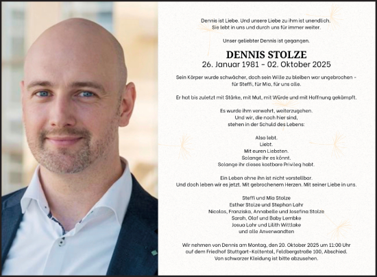 Traueranzeige von Dennis Stolze von Fränkische Nachrichten