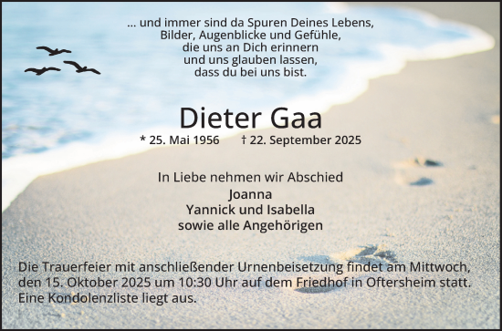 Traueranzeige von Dieter Gaa von Schwetzinger Zeitung