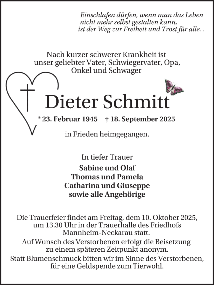  Traueranzeige für Dieter Schmitt vom 04.10.2025 aus Mannheimer Morgen