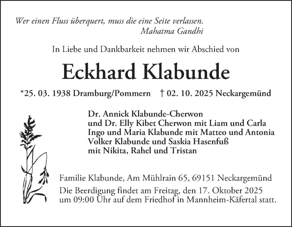  Traueranzeige für Eckhard Klabunde vom 11.10.2025 aus Mannheimer Morgen