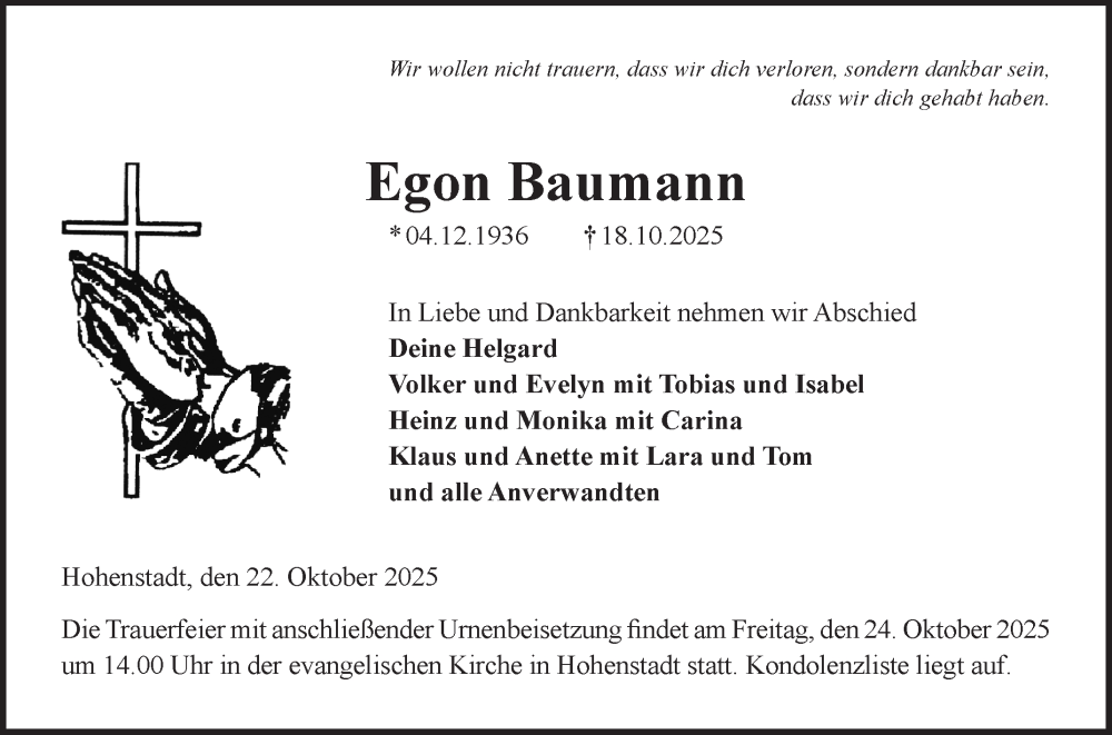  Traueranzeige für Egon Baumann vom 22.10.2025 aus Fränkische Nachrichten