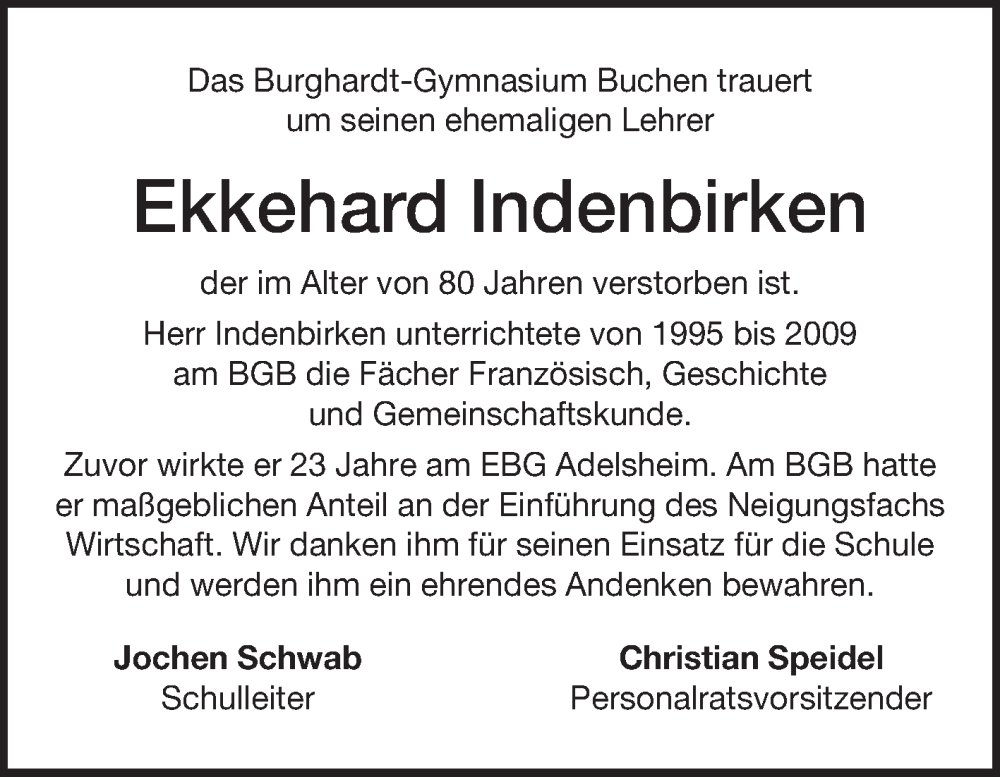  Traueranzeige für Ekkehard Indenbirken vom 28.10.2025 aus Fränkische Nachrichten