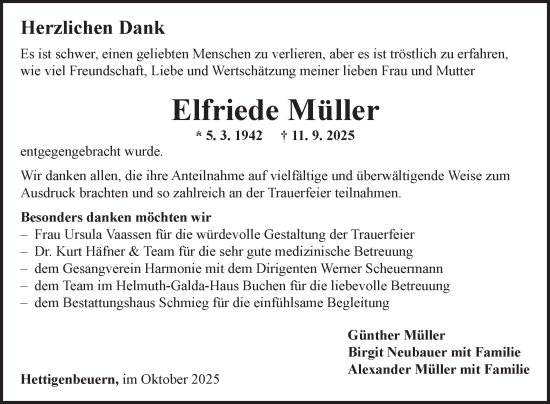 Traueranzeige von Elfriede Müller von Fränkische Nachrichten