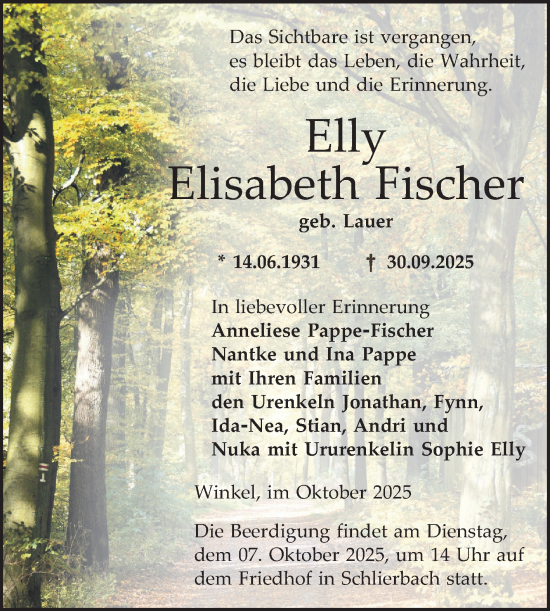 Traueranzeige von Elisabeth Fischer von Bergsträßer Anzeiger