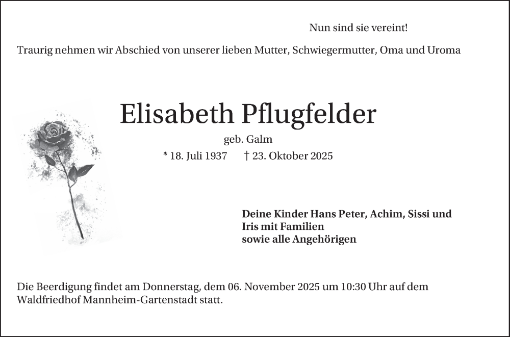  Traueranzeige für Elisabeth Pflugfelder vom 31.10.2025 aus Mannheimer Morgen